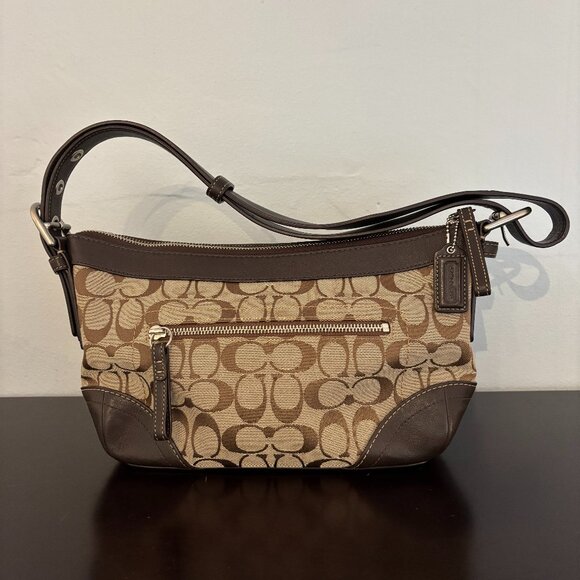 Coach Brown Signature Jacquard Brown Leather Convertible Shoulder Bag - Picture 1 of 10